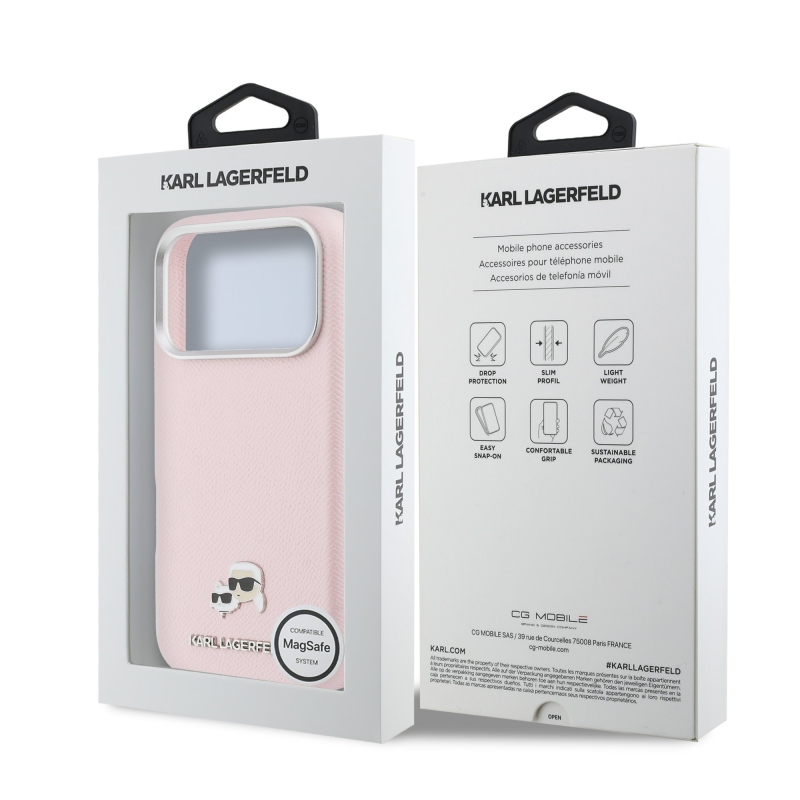 Karl Lagerfeld PU Karl and Choupette Heads Pins MagSafe zadný kryt pre iPhone 17 Pro Pink