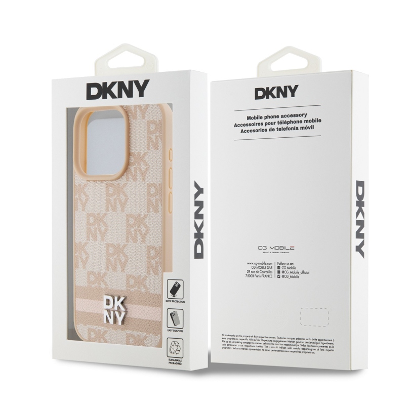 DKNY PU Leather Checkered Pattern and Stripe Zadný Kryt pre iPhone 14 Pro Max Pink