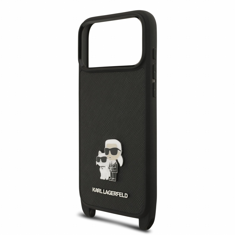 Karl Lagerfeld Saffiano Crossbody popruh Metal Karl a Choupette zadný kryt pre iPhone 18 Pro čierny