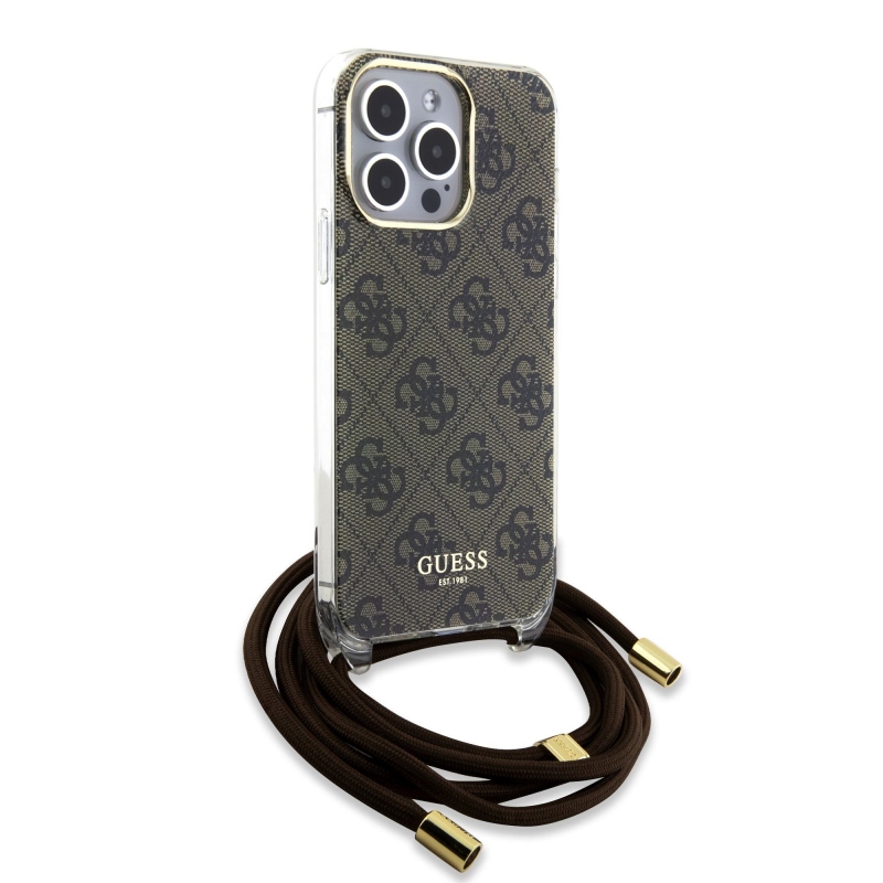 Guess IML 4G Printed Crossbody Popruh Zadný Kryt pre iPhone 15 Pro Brown