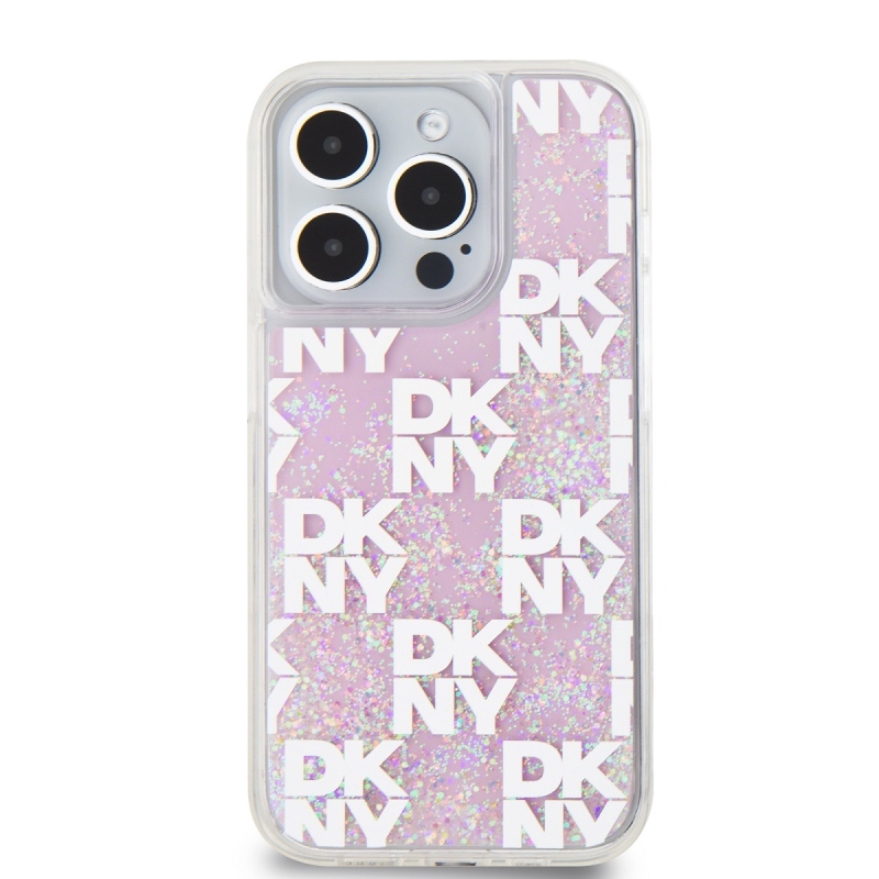 DKNY Liquid Glitter Checkered Pattern Zadný Kryt pre iPhone 15 Pro Pink