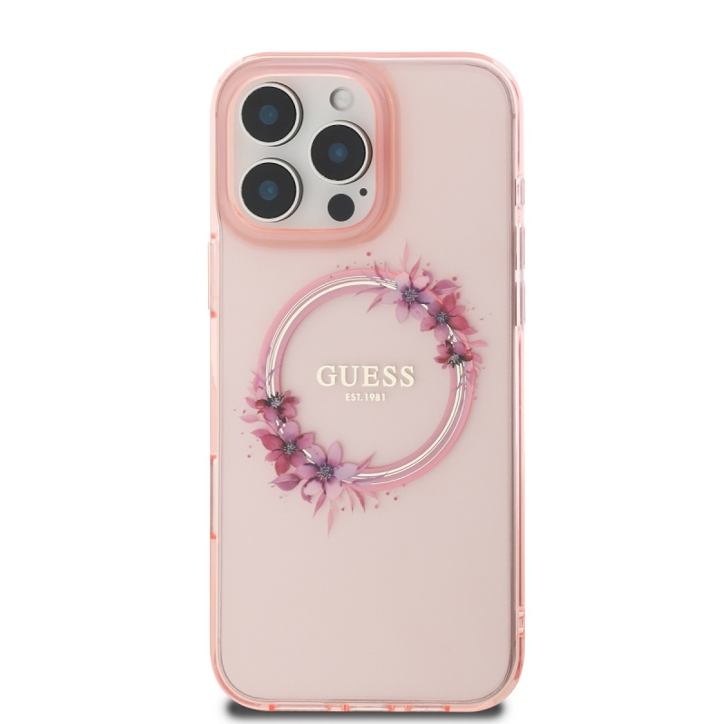 Guess IML Flowers Ring MagSafe Zadný Kryt pre iPhone 16 Pro Pink