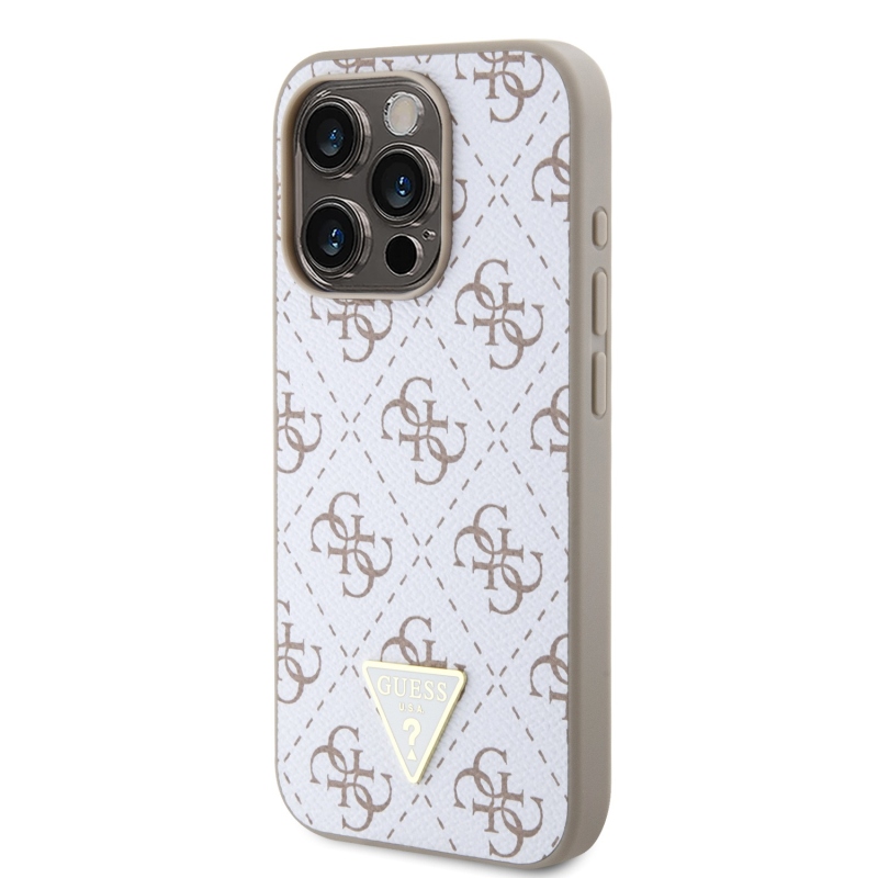 Guess PU Leather 4G Triangle Metal Logo Zadný Kryt pre iPhone 15 Pro White