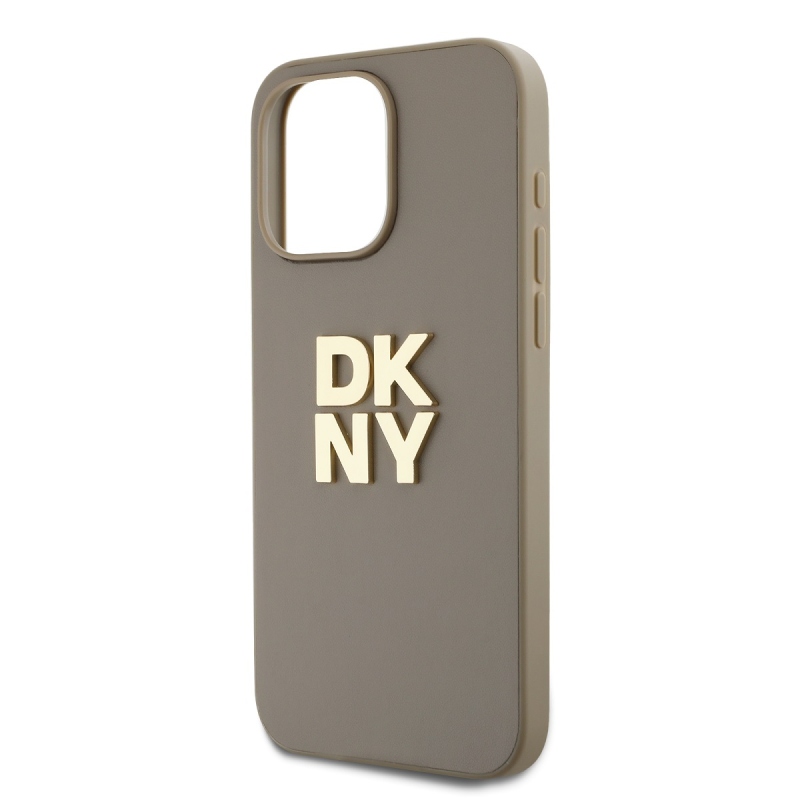 DKNY PU Leather Stack Logo Wrist Strap Zadný Kryt pre iPhone 15 Pro Max Beige