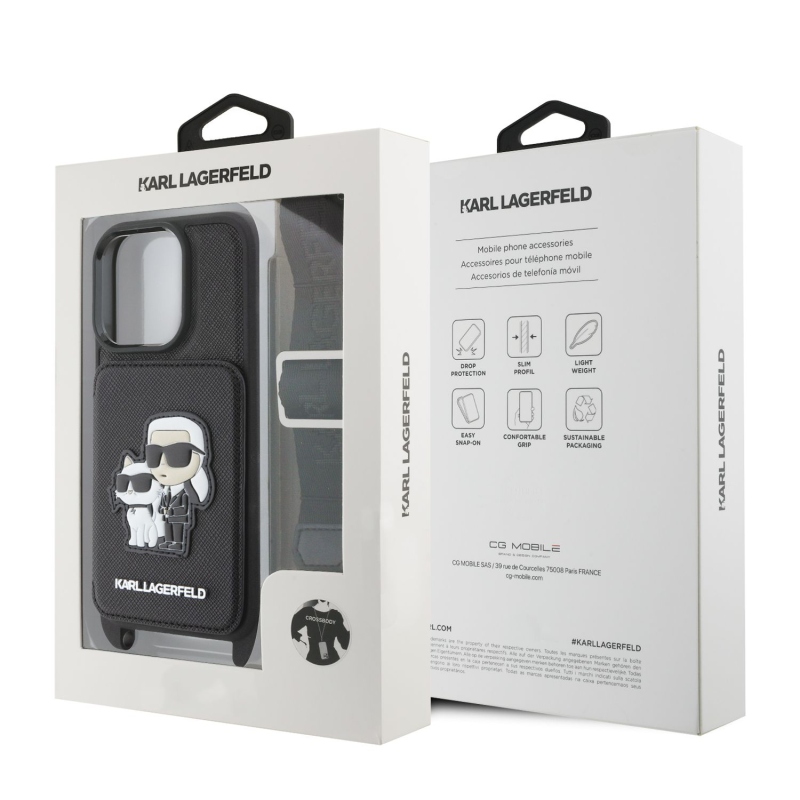 Karl Lagerfeld Saffiano Crossbody Popruh Karl and Choupette Kryt pre iPhone 16 Pro Black