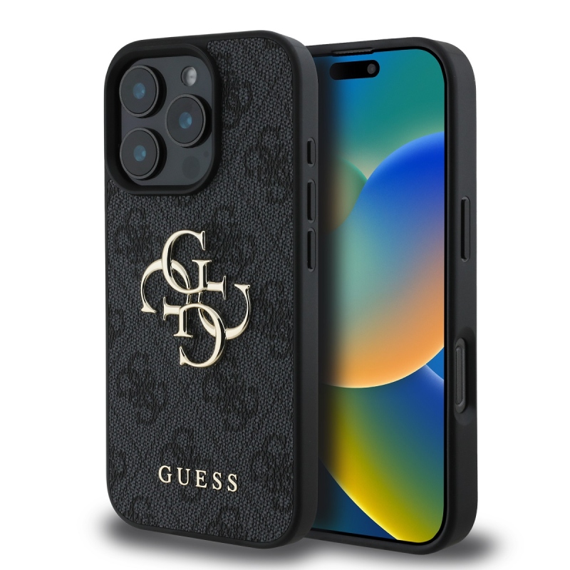 Guess PU 4G Metal Logo Zadný Kryt pre iPhone 16 Pro Max Grey