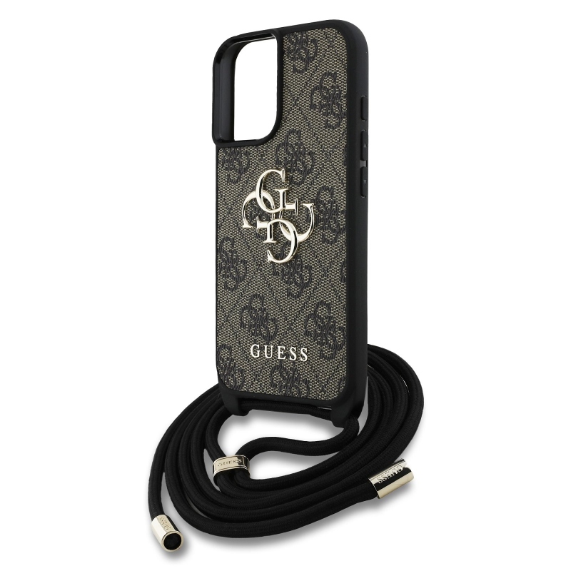 Guess PU 4G Kovové logo Crossbody Strap Zadný kryt pre iPhone 16 Brown