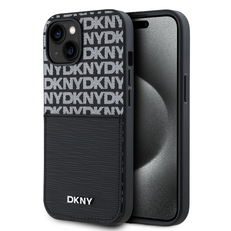 DKNY PU Leather Repeat Pattern Card Pocket Zadný Kryt pre iPhone 14 Black