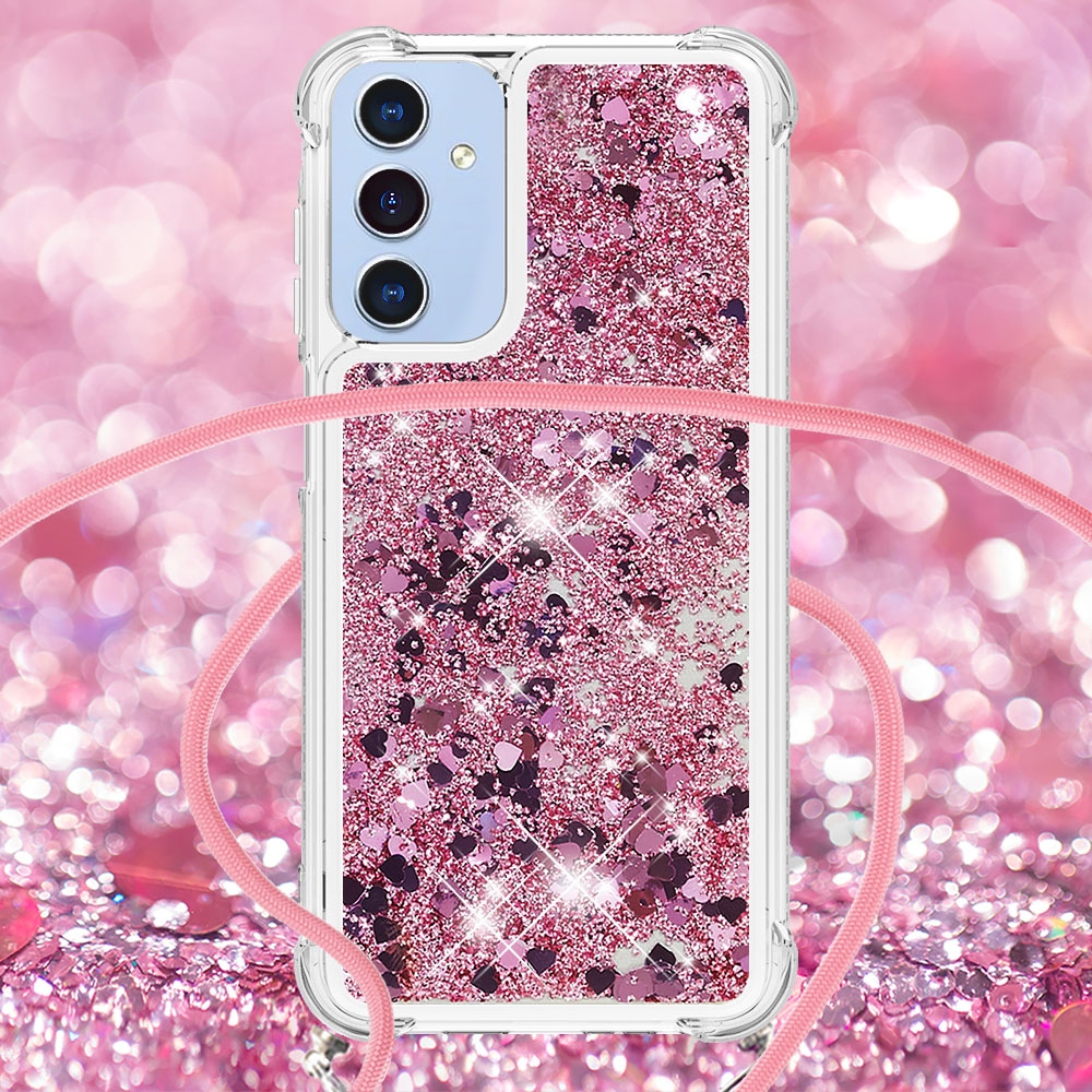 Glitters presýpací gélový obal so šnúrkou na Samsung Galaxy A17 5G - ružovozlatý/srdiečka
