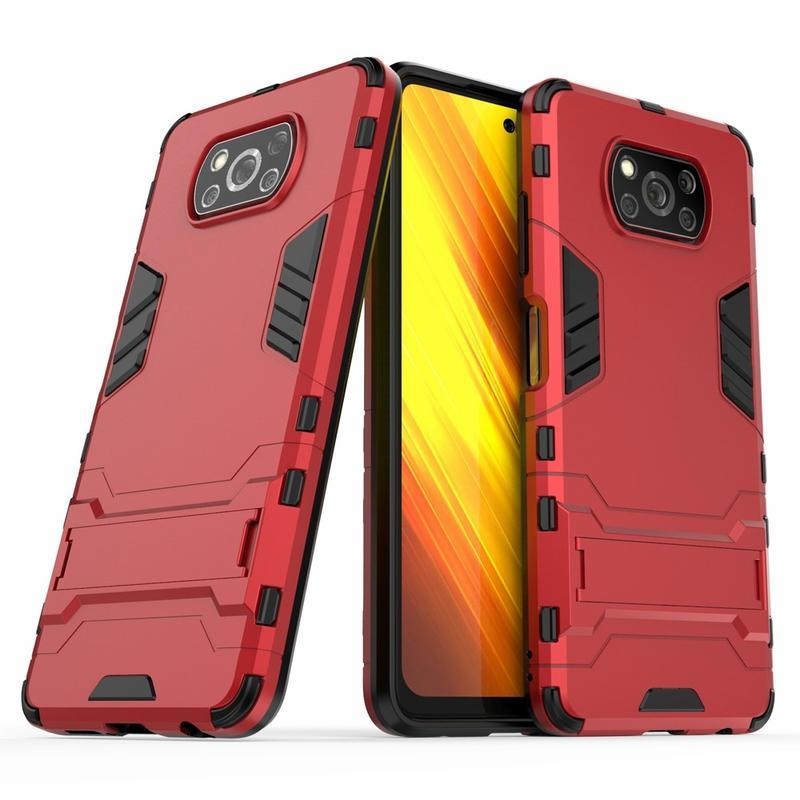 Guard odolný hybridný obal s výkloplným stojanom pre mobil Xiaomi Poco X3/X3 Pro - červený
