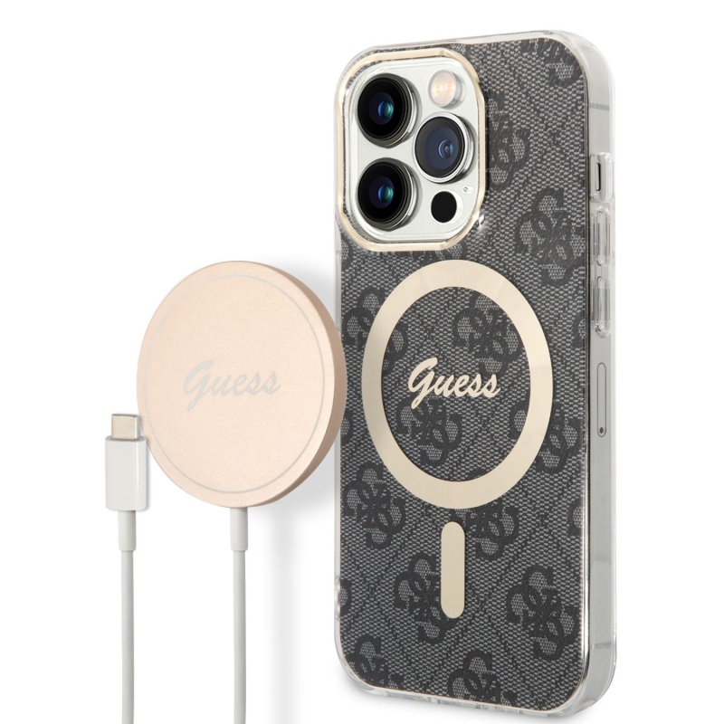 Guess 4G MagSafe Kompatibilný Zadný Kryt + Bezdrôtová Nabíjačka pre iPhone 14 Pro Black