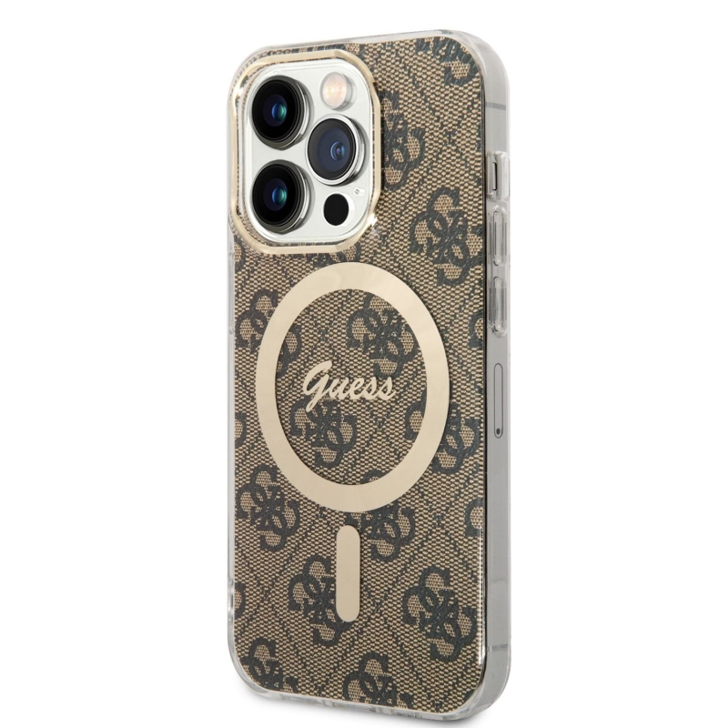 Guess 4G MagSafe Kompatibilný Zadný Kryt + Bezdrôtová Nabíjačka pre iPhone 14 Pro Brown