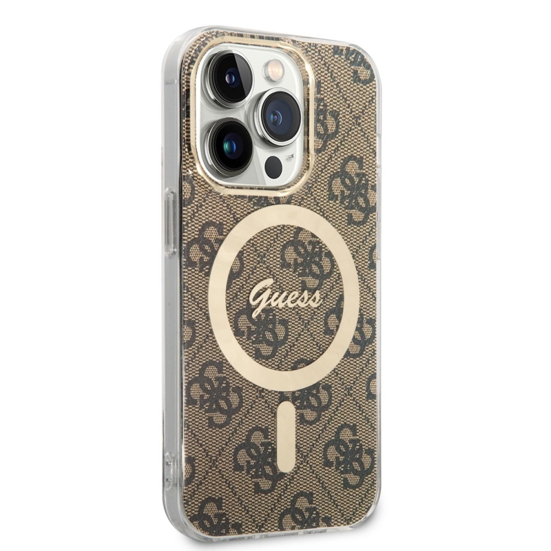 Guess 4G MagSafe Kompatibilný Zadný Kryt + Bezdrôtová Nabíjačka pre iPhone 14 Pro Brown