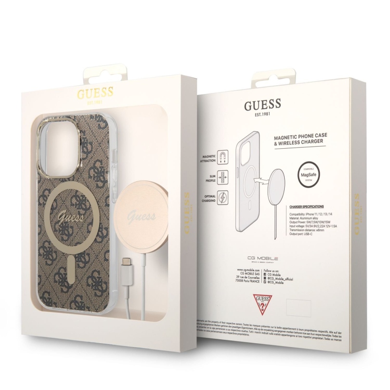 Guess 4G MagSafe Kompatibilný Zadný Kryt + Bezdrôtová Nabíjačka pre iPhone 14 Pro Brown