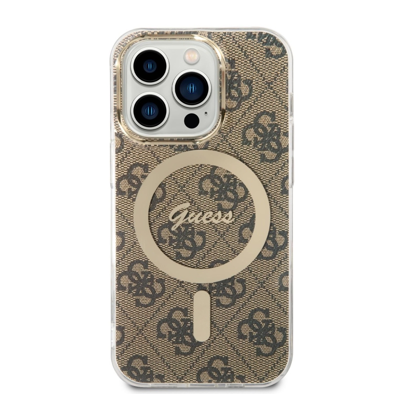 Guess 4G MagSafe Kompatibilný Zadný Kryt + Bezdrôtová Nabíjačka pre iPhone 14 Pro Brown