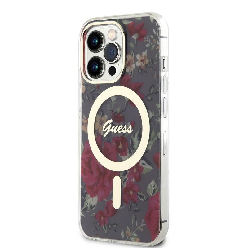 Guess flowers IML gélový obal s pevným chrbtom s MagSafe na iPhone 13 Pro - khaki