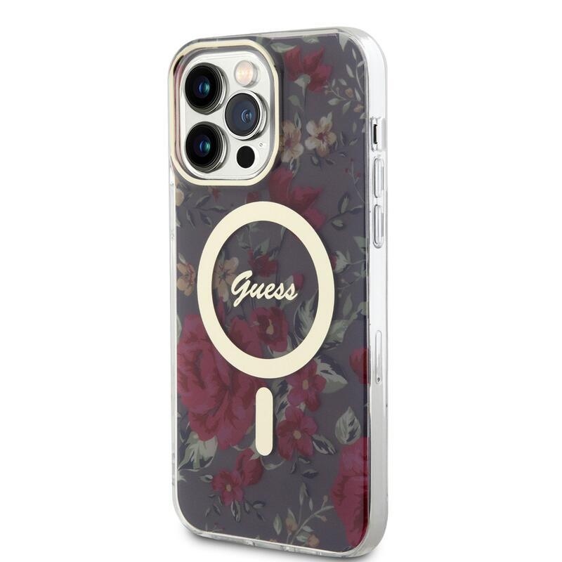 Guess flowers IML gélový obal s pevným chrbtom s MagSafe na iPhone 13 Pro Max - khaki