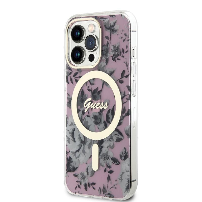 Guess flowers IML gélový obal s pevným chrbtom s MagSafe na iPhone 13 Pro - ružový