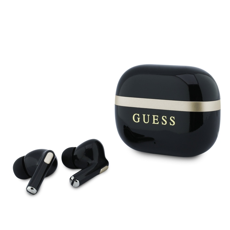 Bezdrôtové slúchadlá Guess Gold Line s lesklým povrchom TWS, čierne