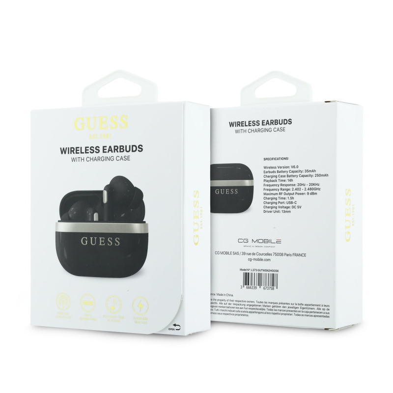 Bezdrôtové slúchadlá Guess Gold Line s lesklým povrchom TWS, čierne