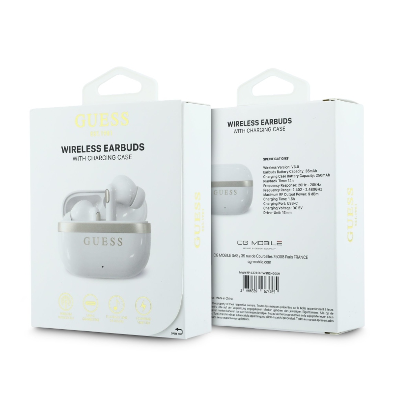 Bezdrôtové slúchadlá Guess Gold Line s lesklým povrchom TWS, biele