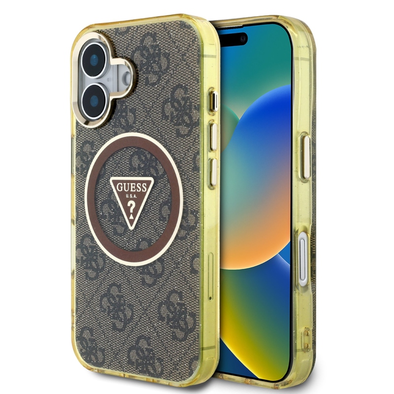 Guess IML 4G Glitter and Triangle Logo MagSafe zadný kryt pre iPhone 16 Brown
