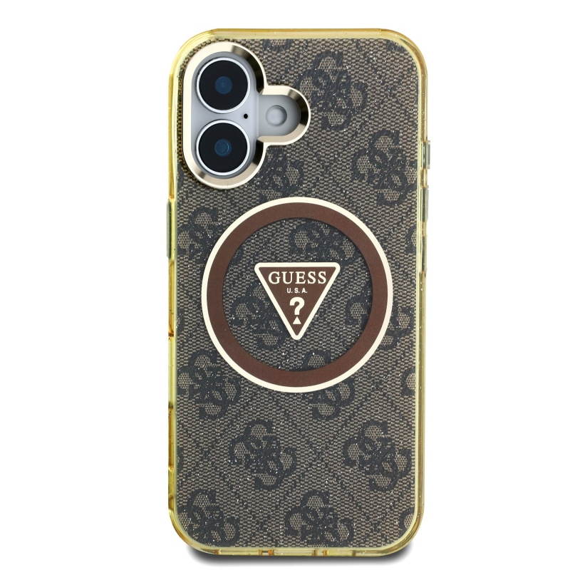 Guess IML 4G Glitter and Triangle Logo MagSafe zadný kryt pre iPhone 16 Brown