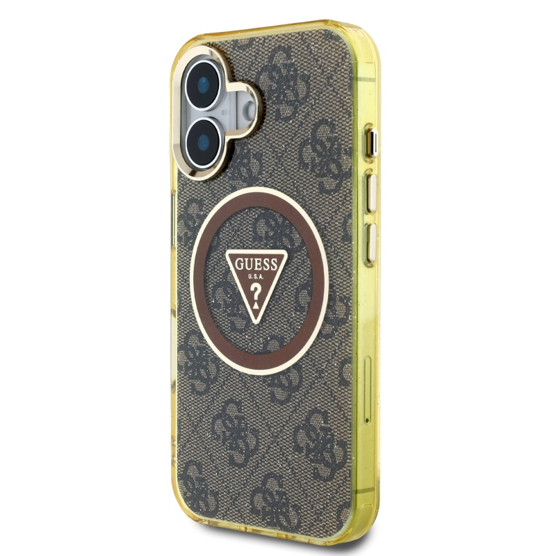 Guess IML 4G Glitter and Triangle Logo MagSafe zadný kryt pre iPhone 16 Brown