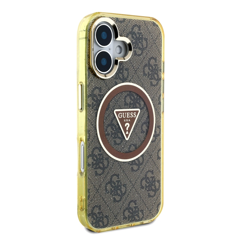 Guess IML 4G Glitter and Triangle Logo MagSafe zadný kryt pre iPhone 16 Brown