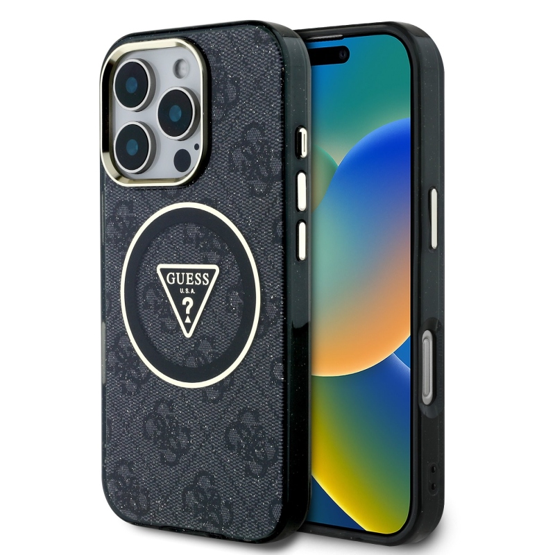 Guess IML 4G Glitter and Triangle Logo MagSafe Back Cover pre iPhone 16 Pro Max Black