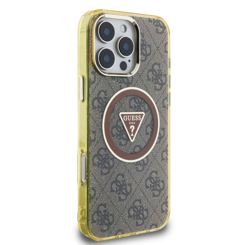 Guess IML 4G Glitter and Triangle Logo MagSafe zadný kryt pre iPhone 16 Pro Max Brown