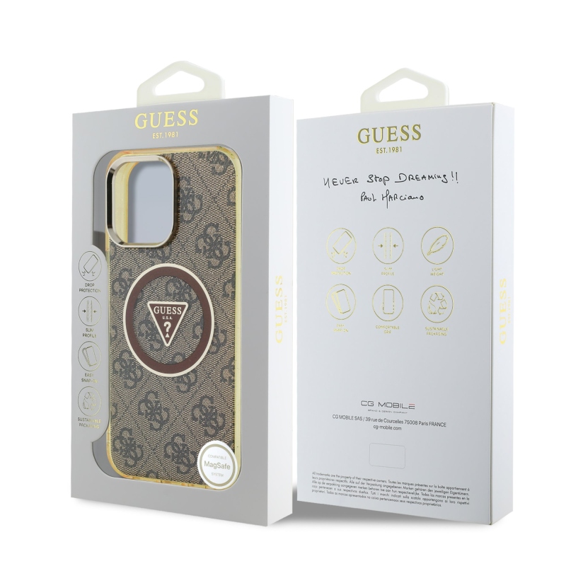 Guess IML 4G Glitter and Triangle Logo MagSafe zadný kryt pre iPhone 16 Pro Max Brown