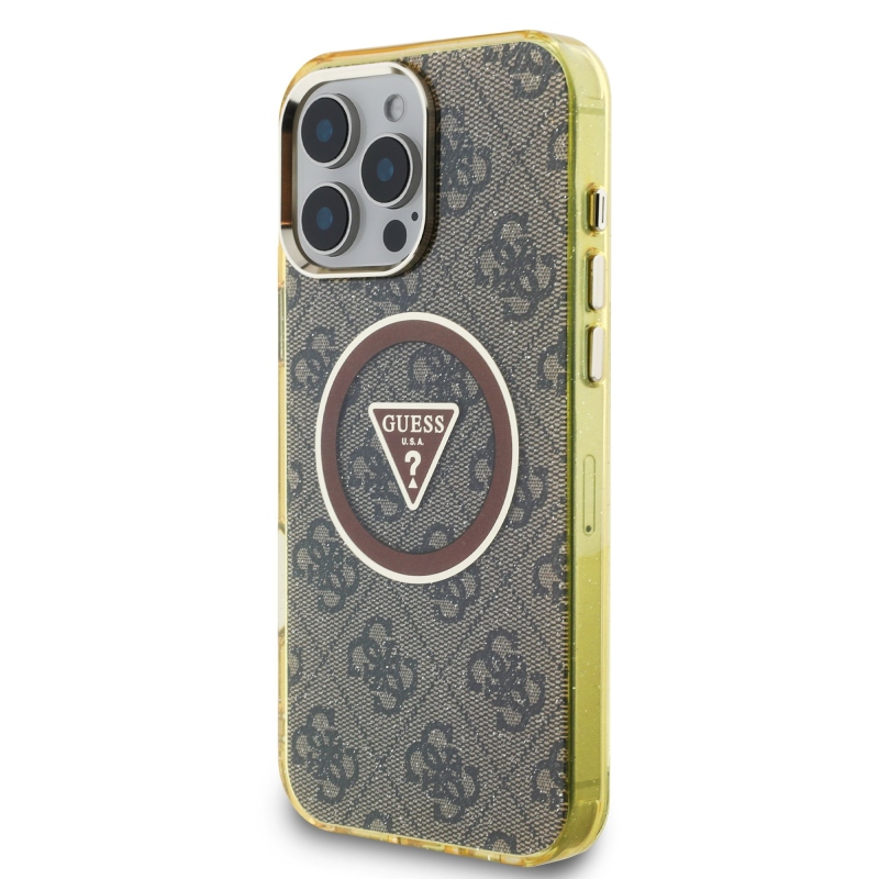 Guess IML 4G Glitter and Triangle Logo MagSafe zadný kryt pre iPhone 16 Pro Max Brown