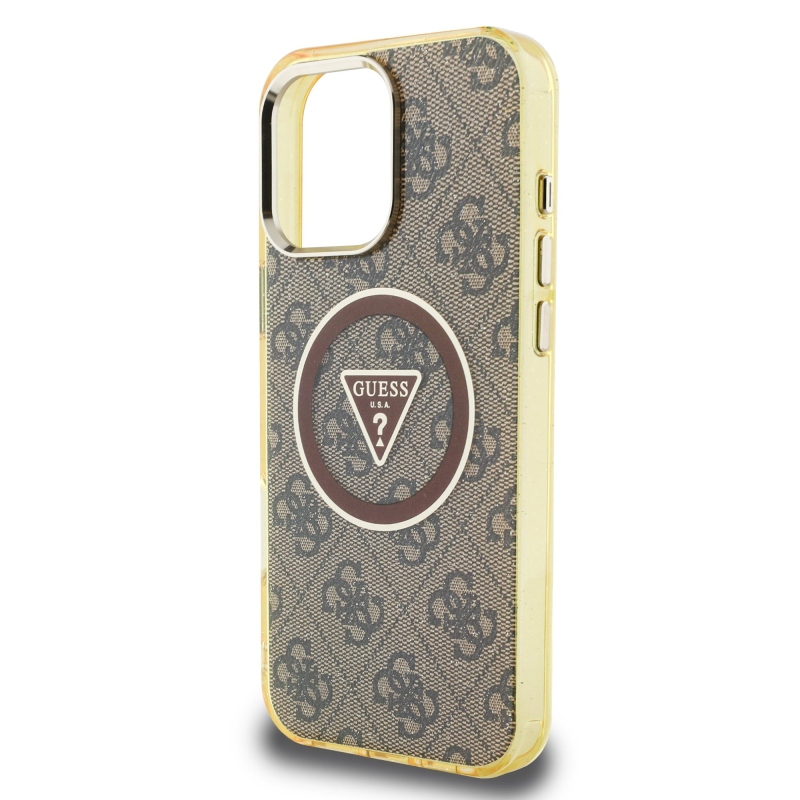 Guess IML 4G Glitter and Triangle Logo MagSafe zadný kryt pre iPhone 16 Pro Max Brown