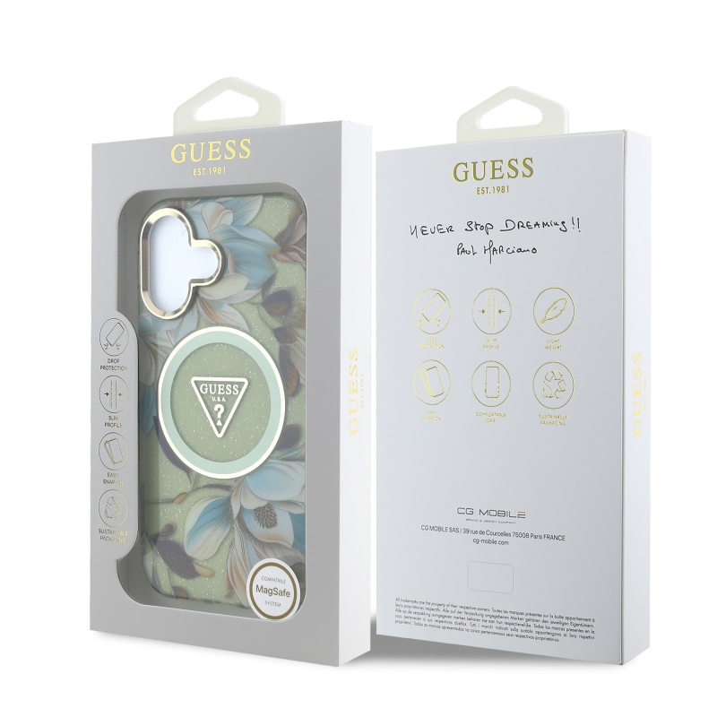 Guess IML Glitter Magnolia and Triangle Logo MagSafe zadný kryt pre iPhone 16 Green