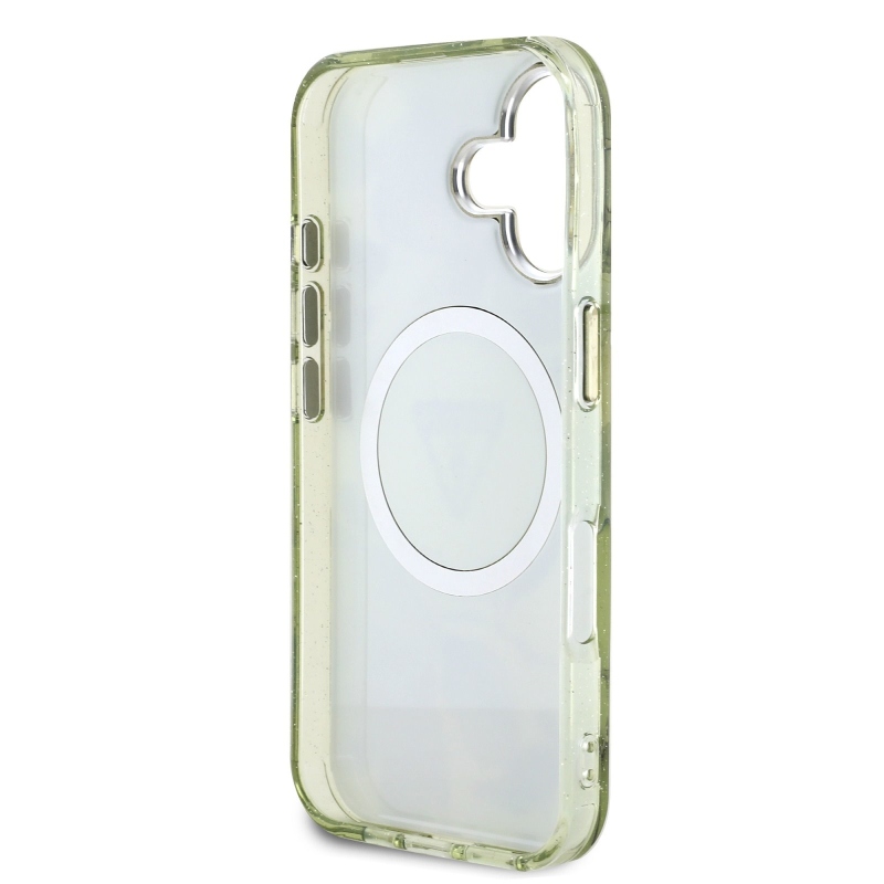 Guess IML Glitter Magnolia and Triangle Logo MagSafe zadný kryt pre iPhone 16 Green