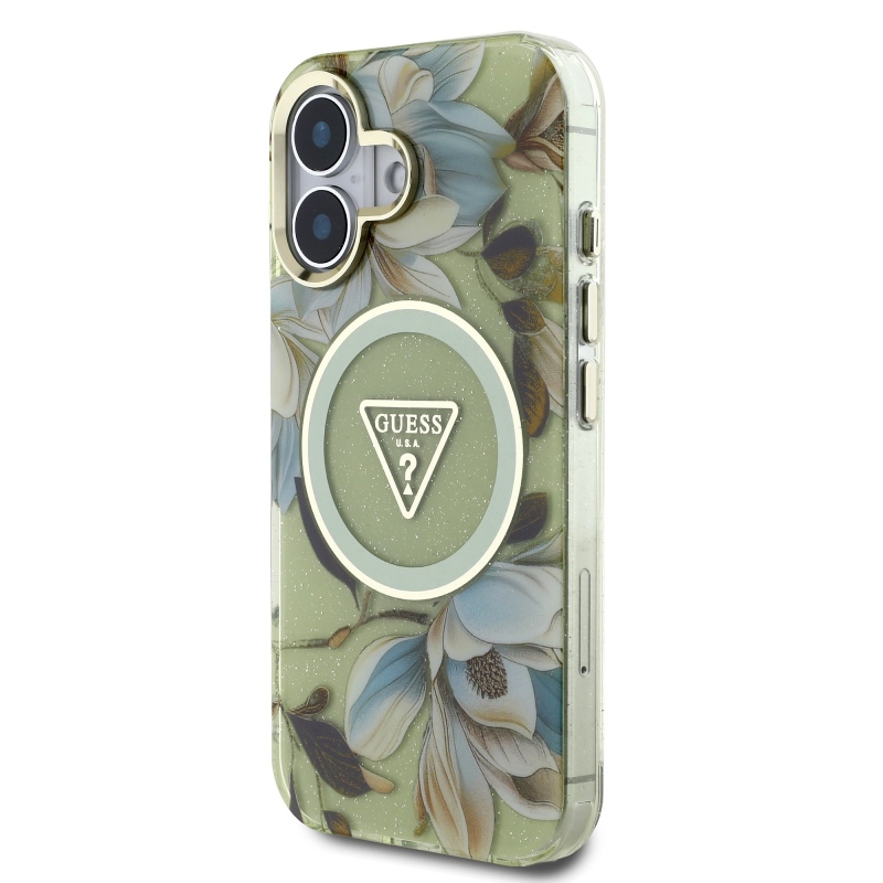 Guess IML Glitter Magnolia and Triangle Logo MagSafe zadný kryt pre iPhone 16 Green