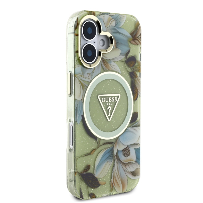 Guess IML Glitter Magnolia and Triangle Logo MagSafe zadný kryt pre iPhone 16 Green