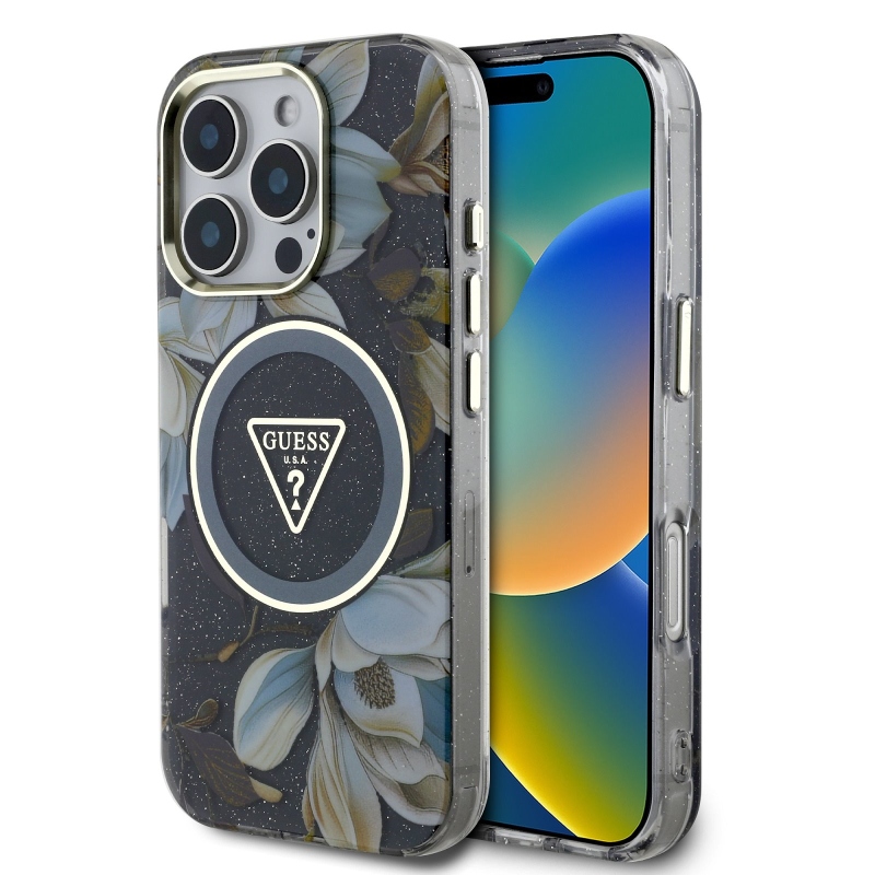 Guess IML Glitter Magnolia and Triangle Logo MagSafe Back Cover pre iPhone 16 Pro Black