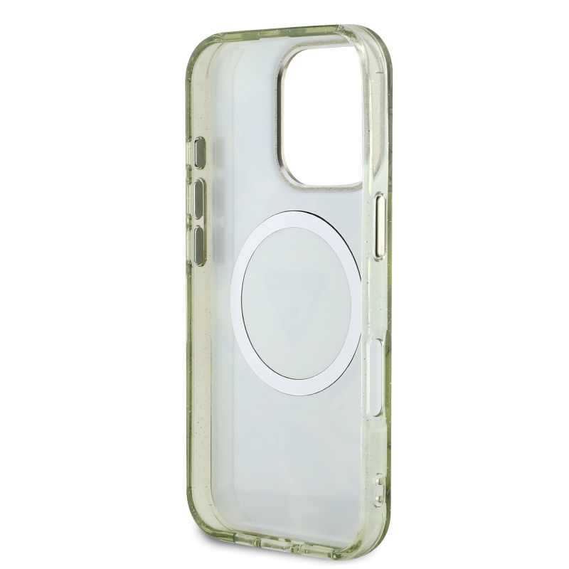 Guess IML Glitter Magnolia and Triangle Logo MagSafe zadný kryt pre iPhone 16 Pro Max Green