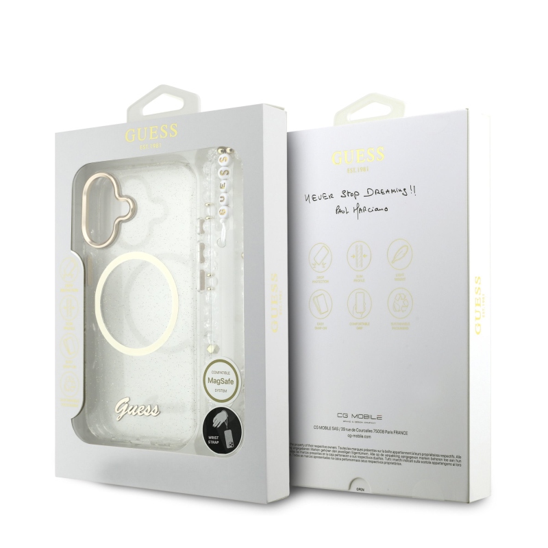 Guess IML Glitter Script Strap MagSafe zadný kryt pre iPhone 17 Transparent