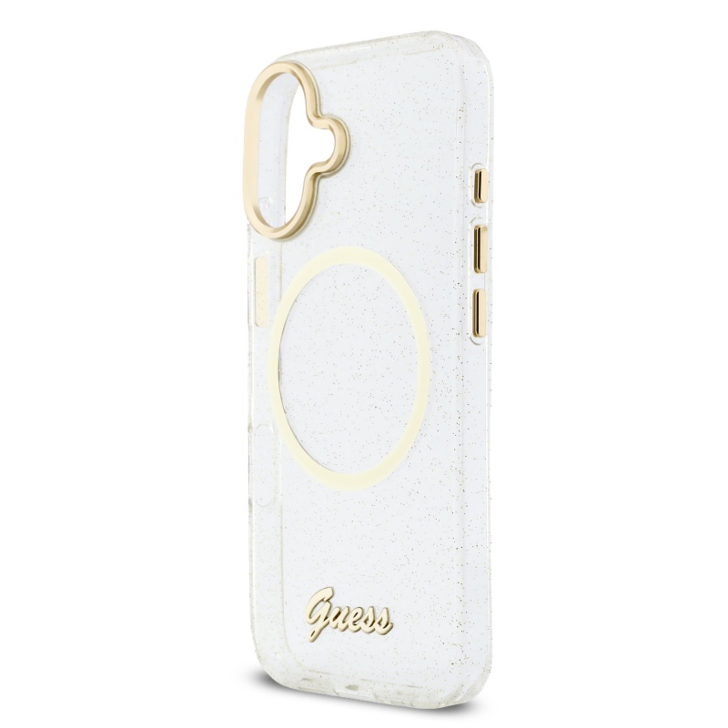 Guess IML Glitter Script Strap MagSafe zadný kryt pre iPhone 17 Transparent