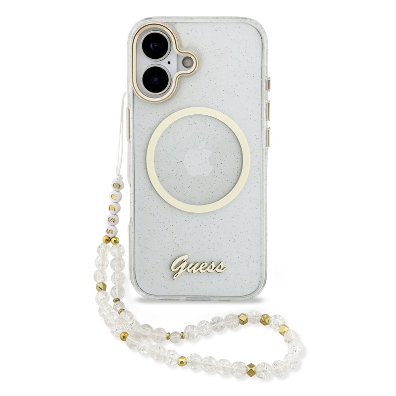 Guess IML Glitter Script Strap MagSafe zadný kryt pre iPhone 17 Transparent