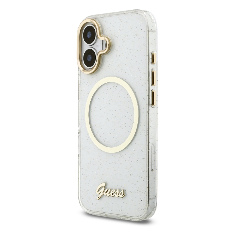 Guess IML Glitter Script Strap MagSafe zadný kryt pre iPhone 17 Transparent