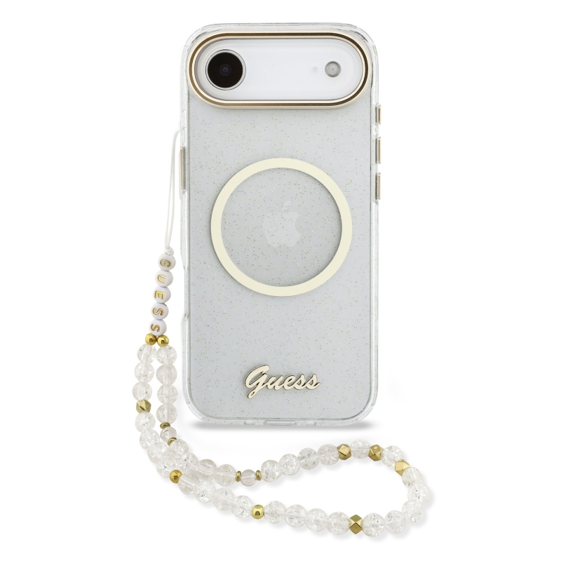 Guess IML Glitter Script Strap MagSafe zadný kryt pre iPhone Air Transparent
