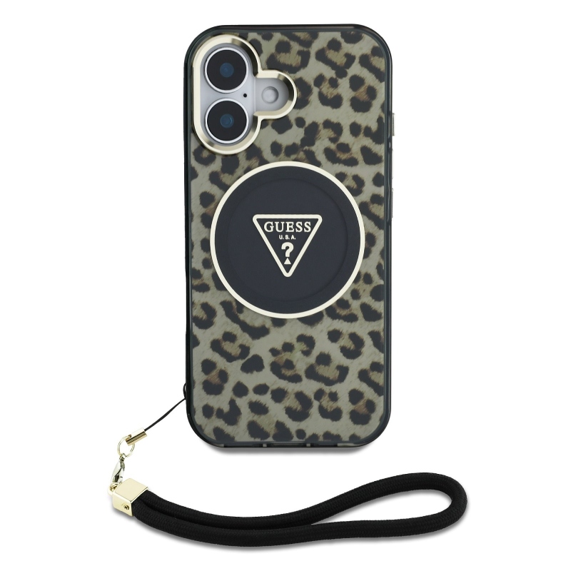 Guess IML Leopard Triangle Logo Strap MagSafe zadný kryt pre iPhone 16 Brown
