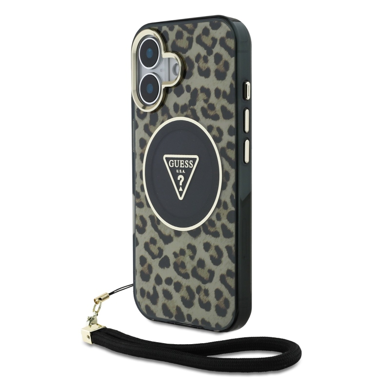 Guess IML Leopard Triangle Logo Strap MagSafe zadný kryt pre iPhone 16 Brown