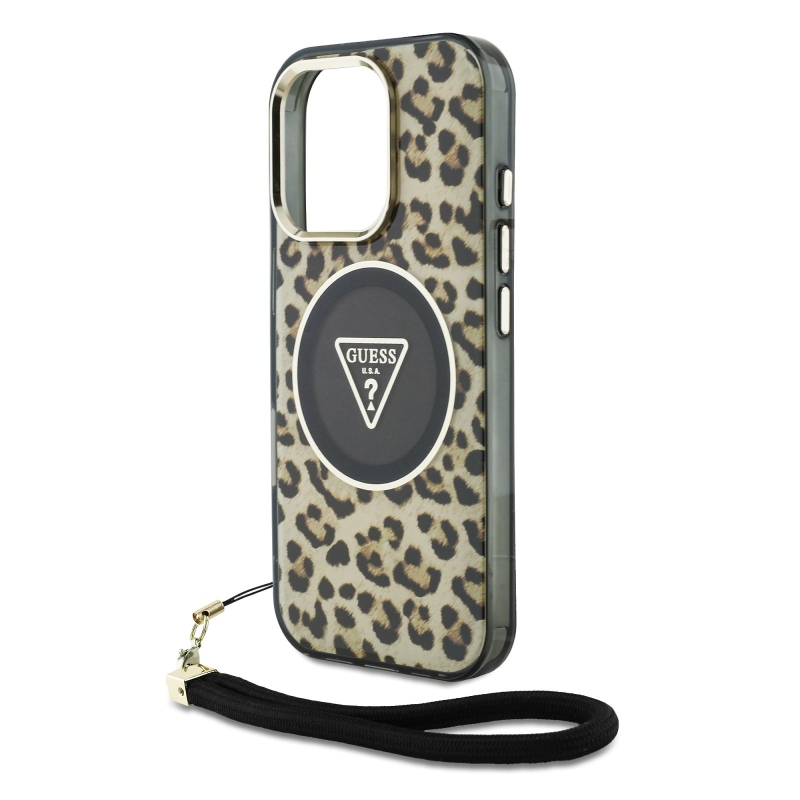 Guess IML Leopard Triangle Logo Strap MagSafe zadný kryt pre iPhone 16 Pro Max Brown