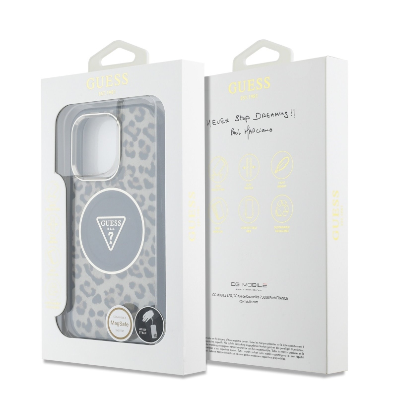 Guess IML Leopard Triangle Logo Strap MagSafe zadný kryt pre iPhone 16 Pro Max Brown