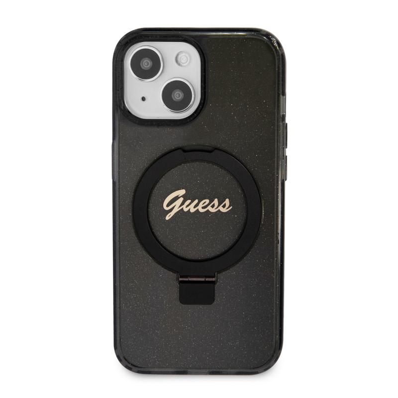 Guess IML Ring Stand Glitter MagSafe Zadný Kryt pre iPhone 15 Black